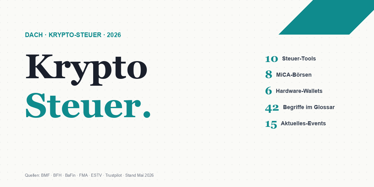 Krypto-Steuer in DACH 2026 — Editorial-Übersicht: 10 Tools, 8 MiCA-Börsen, 6 Wallets, 50 Glossar-Begriffe, 15 Aktuelles-Events